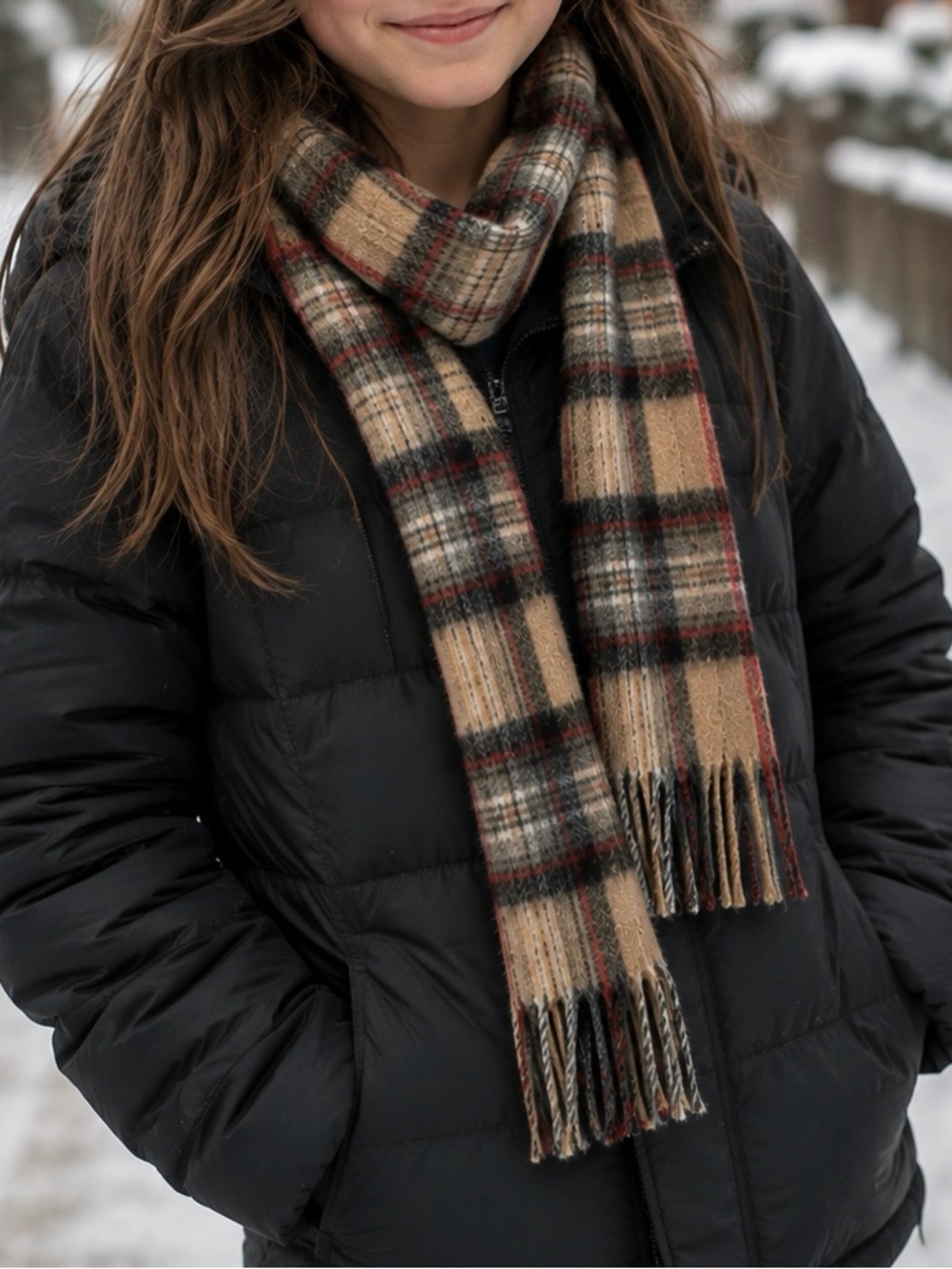 Edinburgh 100% Lambswool Classic Plaid Fringe Scarf in Camel, Black & Red 60x9.5
